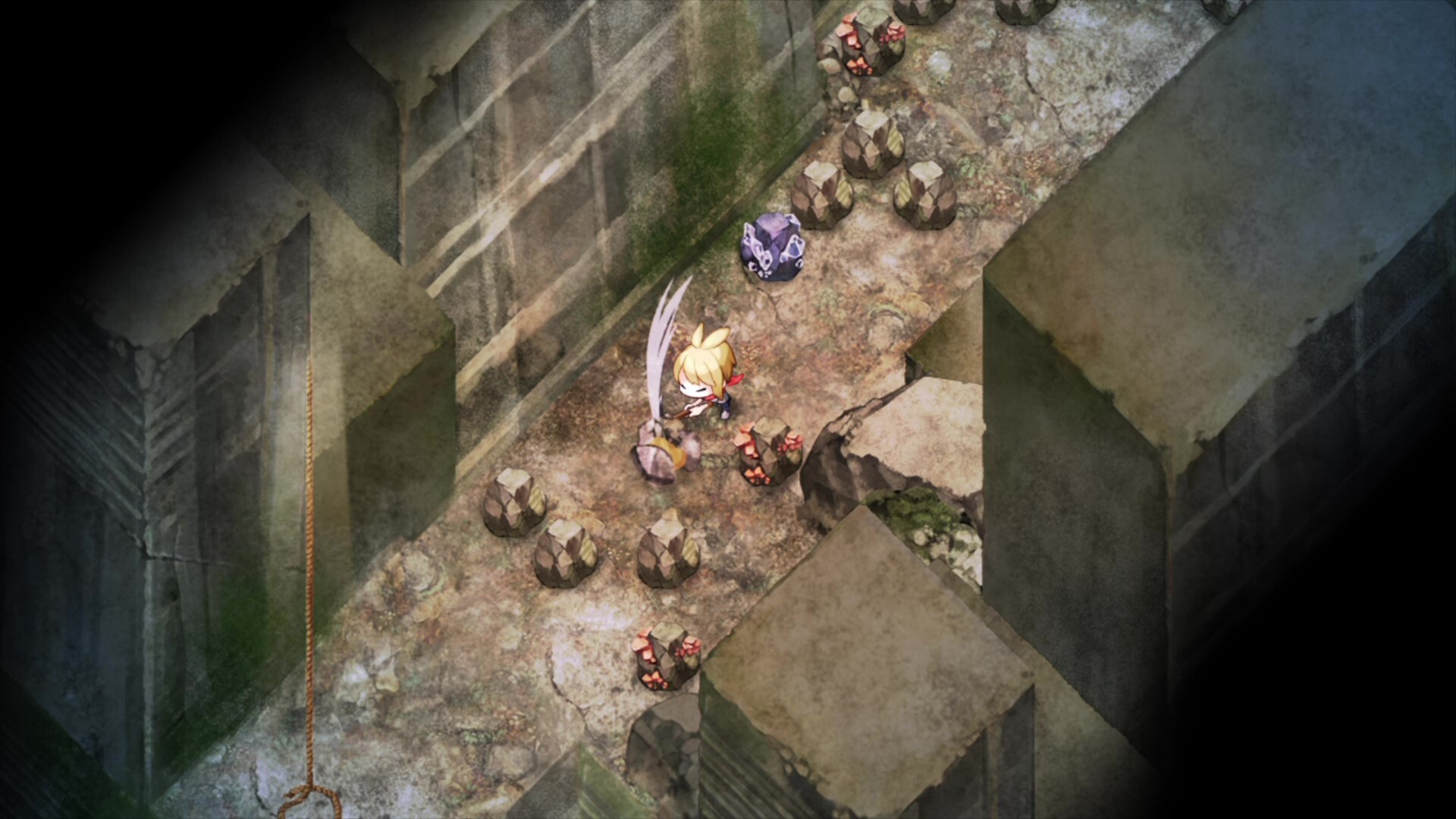 Village in the Shade screenshot: a character on a dim stone path between shadowed walls.