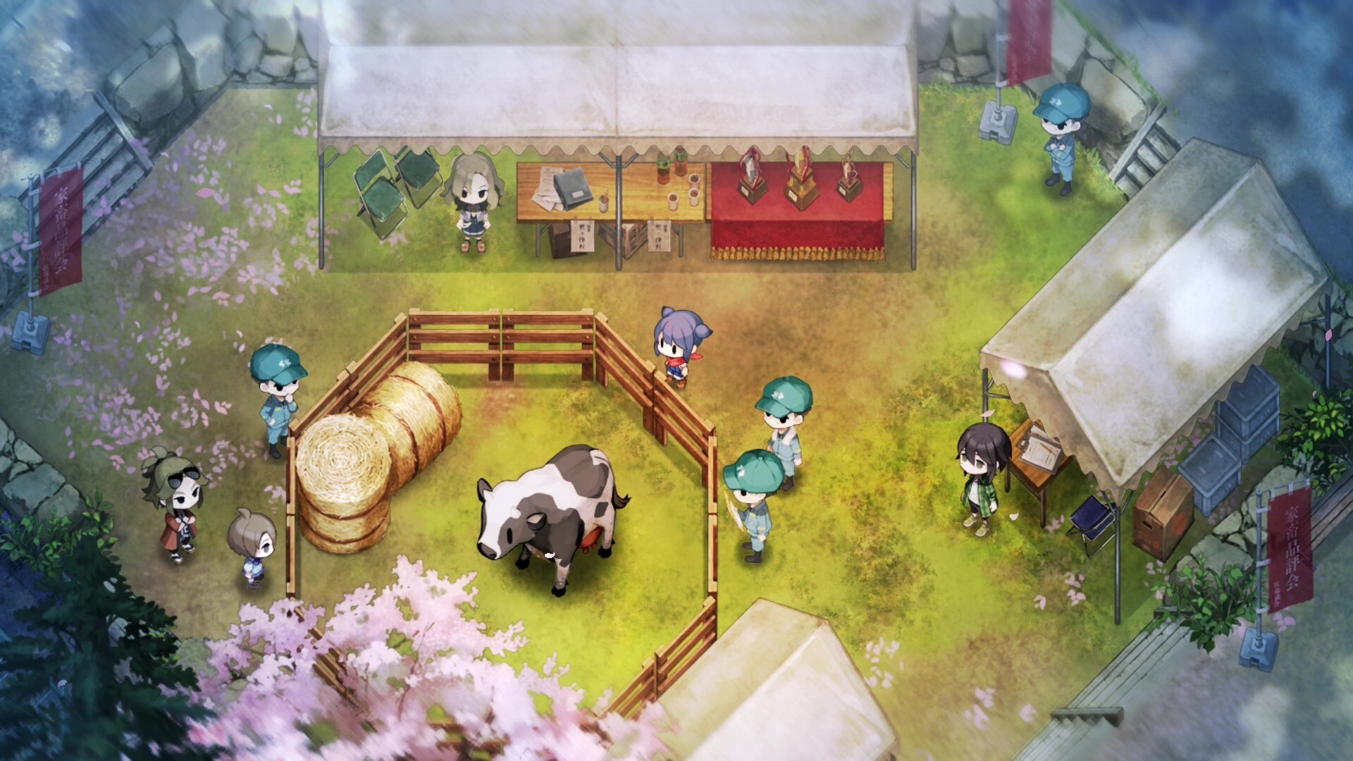 Village in the Shade screenshot: a festival square with stalls, a cow pen and cherry blossoms.